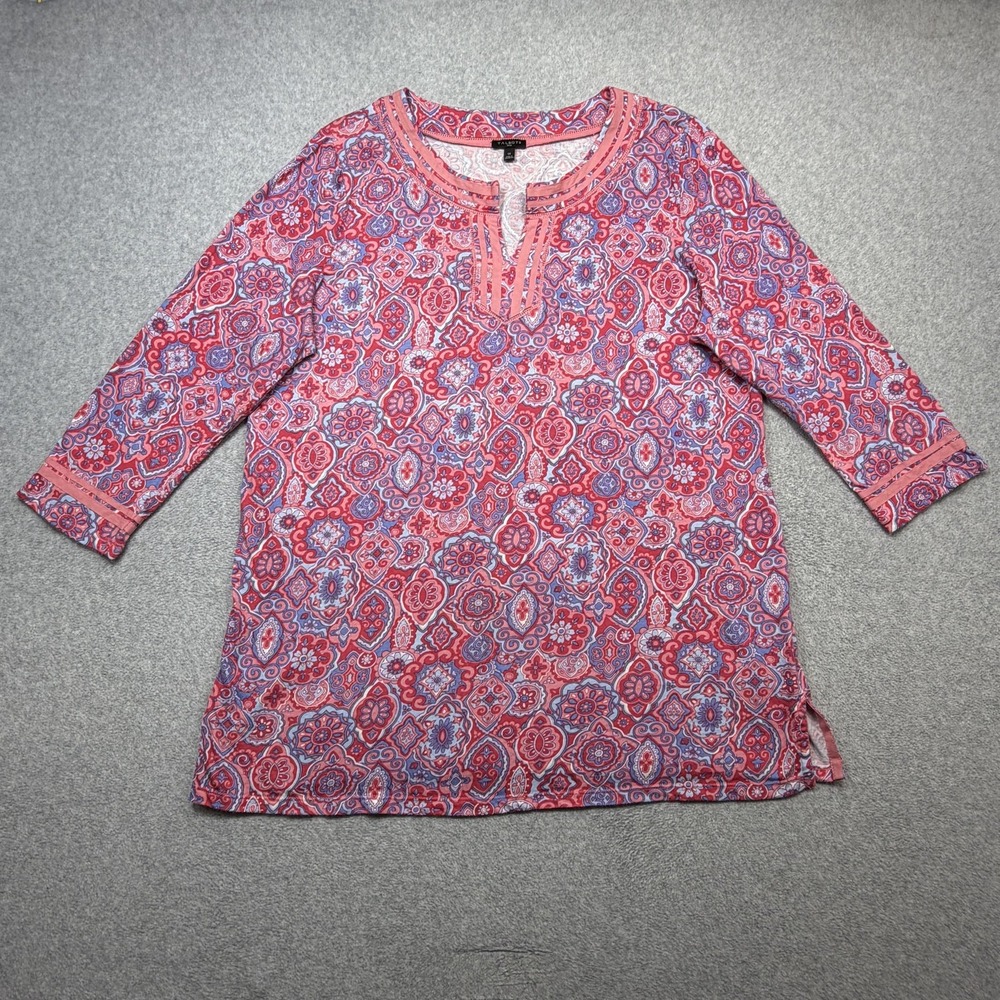 Talbots Shirt Womens 1X Plus Pink Paisley 3/4 Sleeve Split Neck Tunic Top